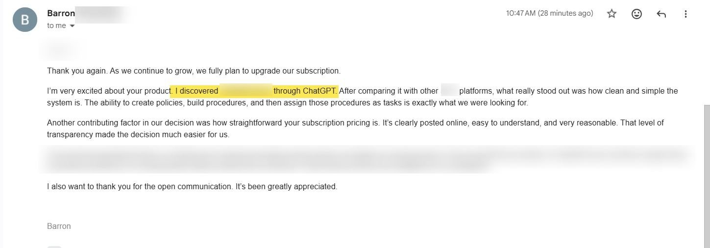 How a new SweetProcess customer found the product. Shared with permission.