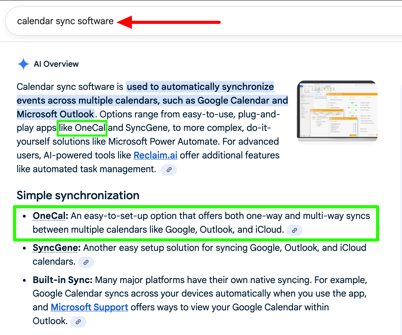 Google’s AI Overview naming OneCal first for "calendar sync software." Captured July 2026.