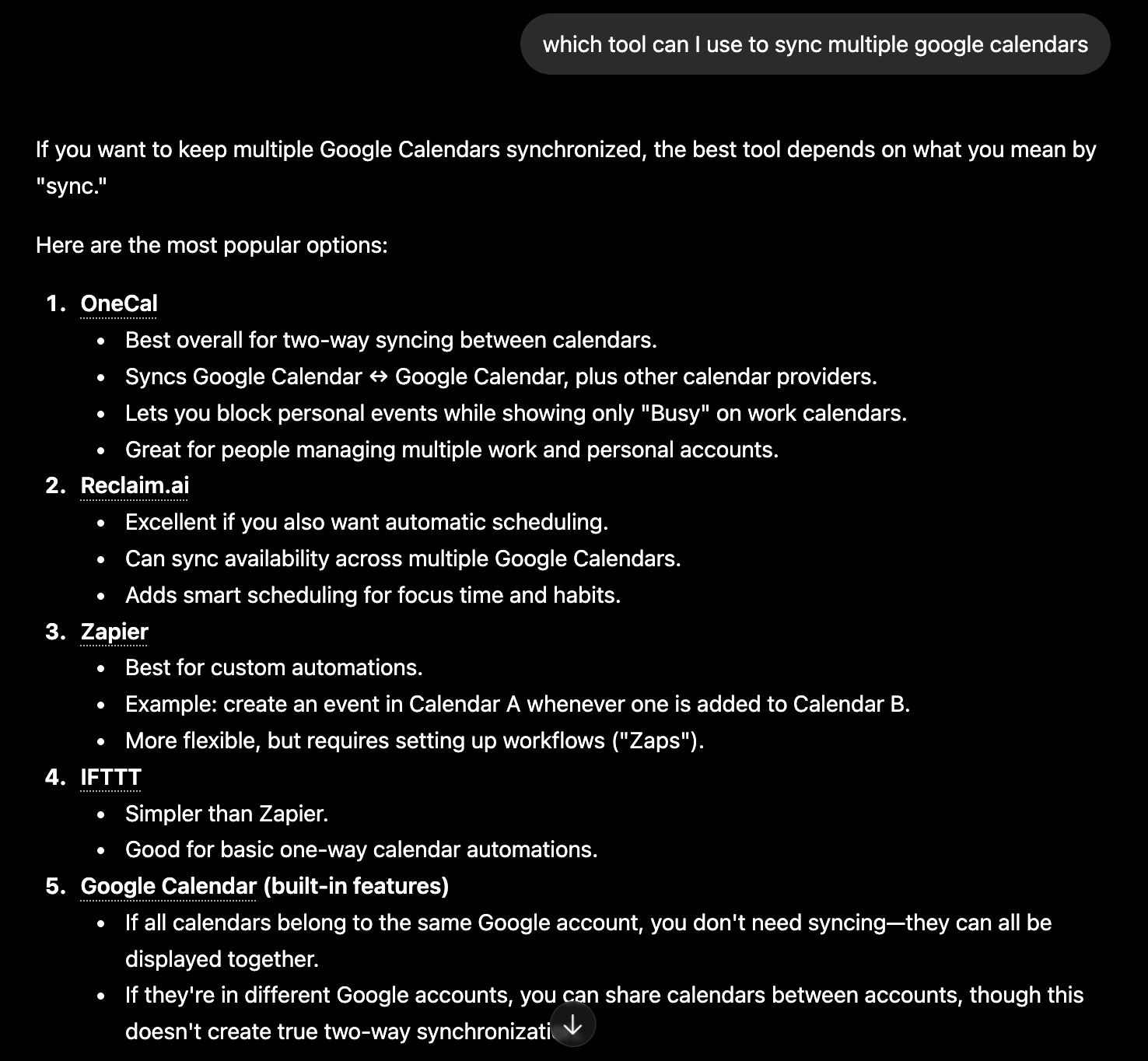 ChatGPT ranking OneCal #1 for syncing multiple Google calendars. Captured July 2026.