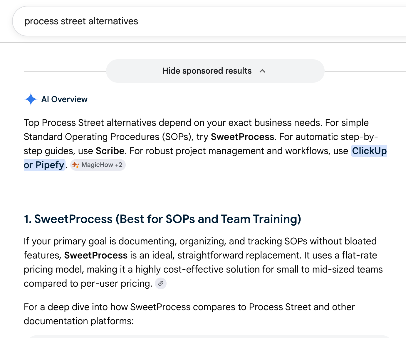 Google’s AI Overview naming SweetProcess first for "process street alternatives." Captured July 2026.